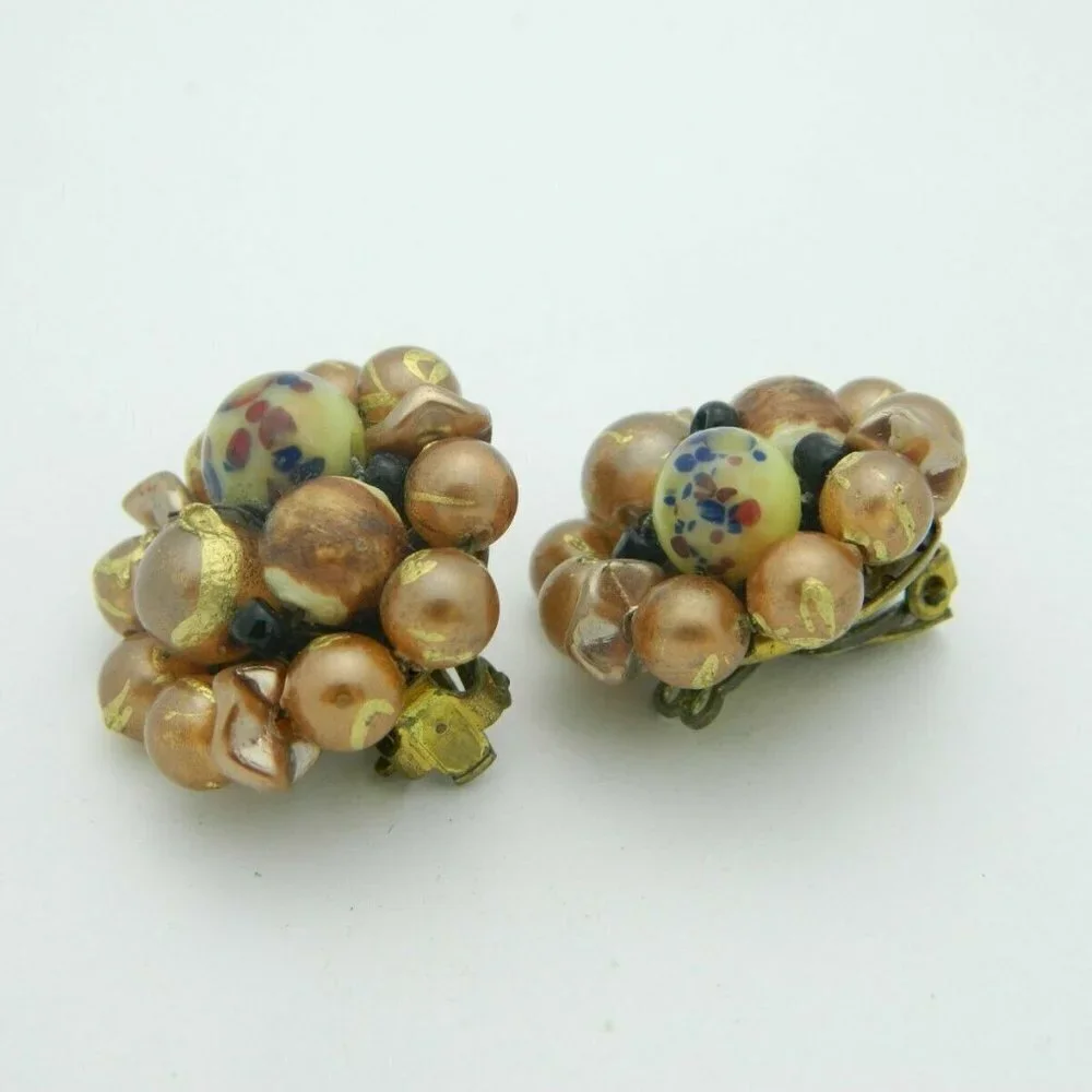 Japan Gold Blue Art Glass Bead Beaded Clip-On